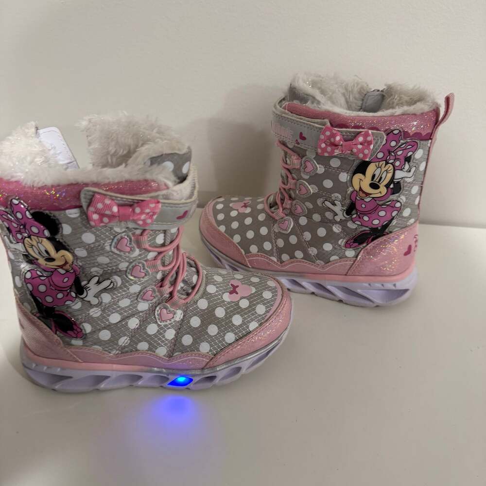 Disney Junior Minnie Mouse Light Up Snow Boots Pink White Little Girls Size 12